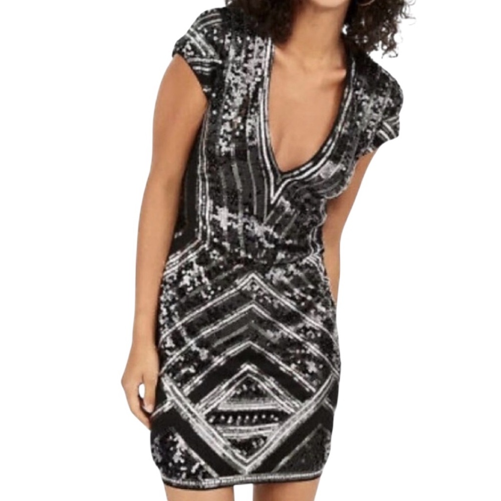 EXPRESS BLACK AND SILVER ART DECO SILVER SEQUIN DRESS NEW WITH TAGS SIZE XS - Picture 2 of 10